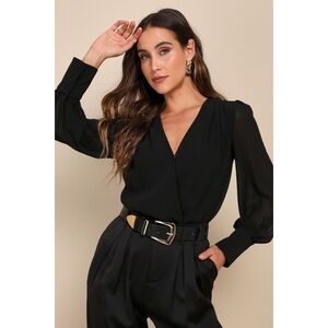 Lulus Sophisticated Aspect Black Chiffon Surplice Long Sleeve Bodysuit - Size S